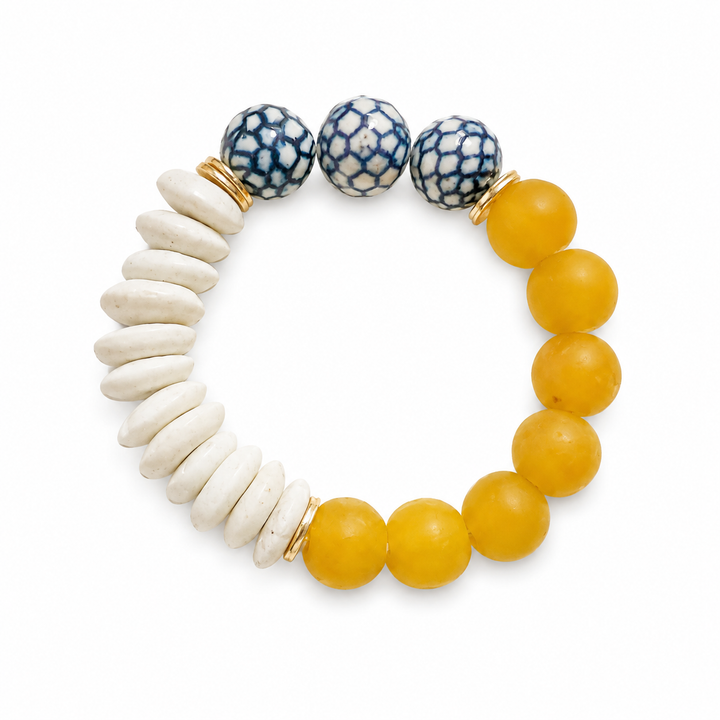 Recycled Glass Ceramic Chinoiserie Stretch Bracelet- Yellow: 7”