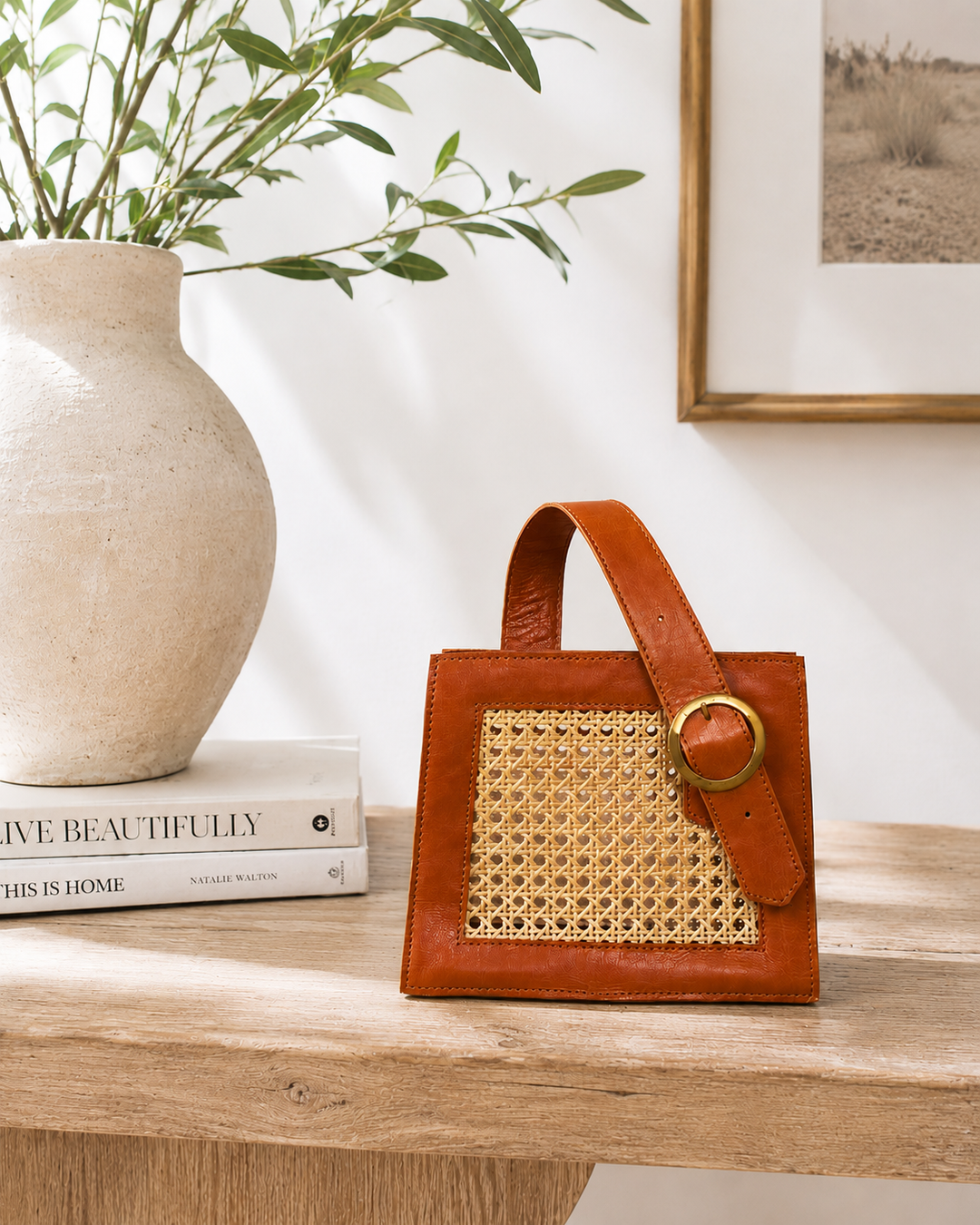 Brown Cane Handbag with Buckle