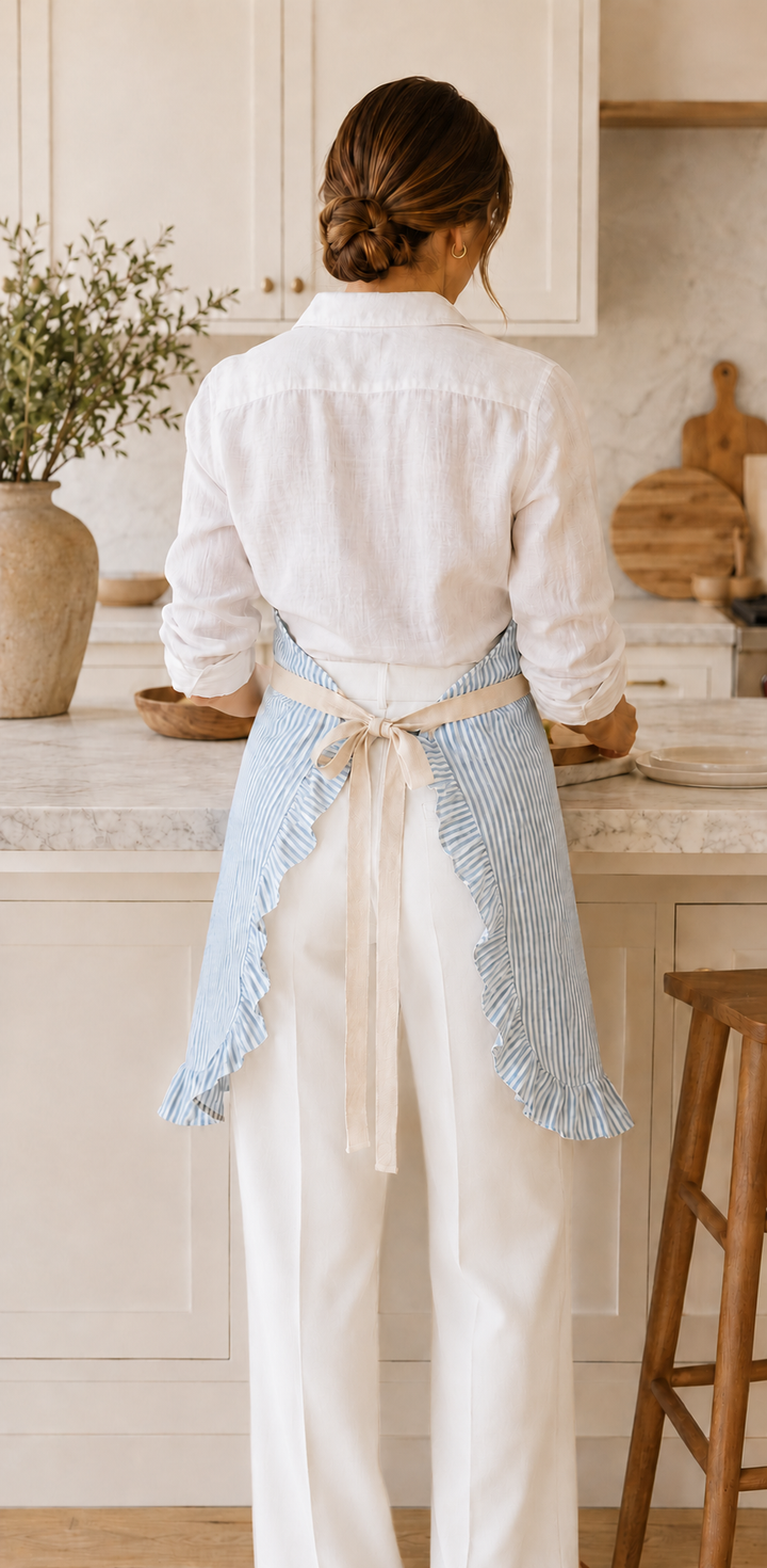 Blue Pinstripe Ruffle Cotton Apron with Pocket
