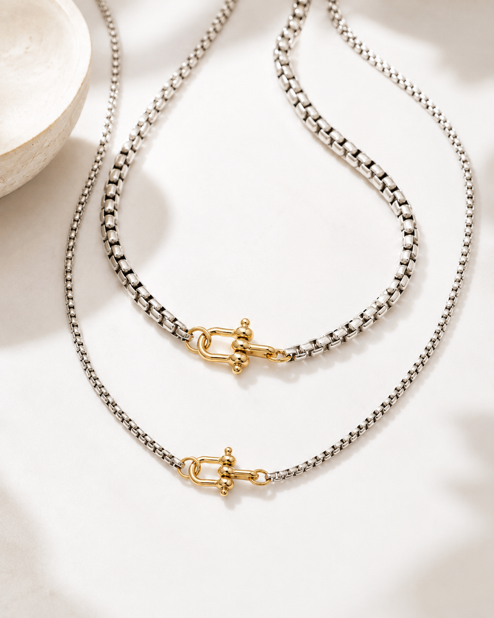 NOVA ROUND BOX CHAIN NECKLACE: SILVER/GOLD / Large