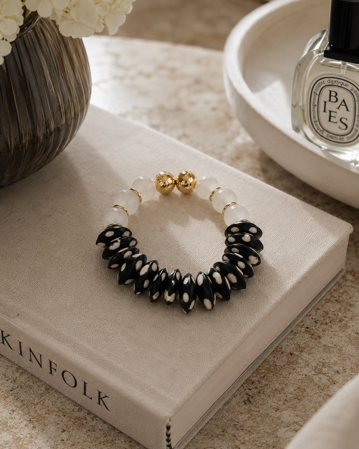 Recycled Glass & Black Polka Dot Bone Bead Stretch Bracelet: 7”