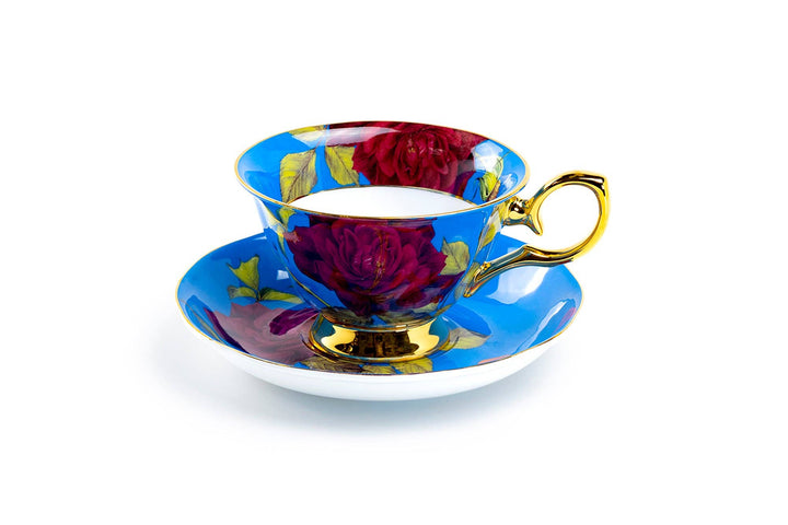 Gold & Blue Stem Rose Bone China Tea Cup and Saucer