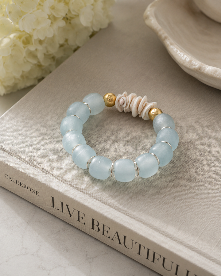 Natural Shell & Recycled Glass Bead Stretch Bracelet Blue: 7”