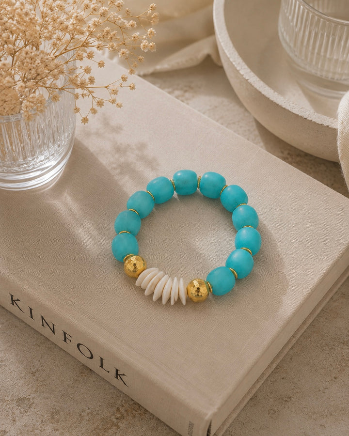Natural Shell & Recycled Glass Bead Stretch Bracelet-  Blue: 7”