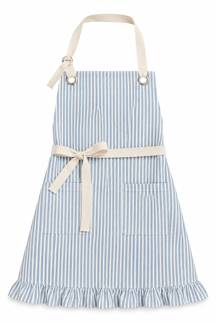 Blue Pinstripe Ruffle Cotton Apron with Pocket