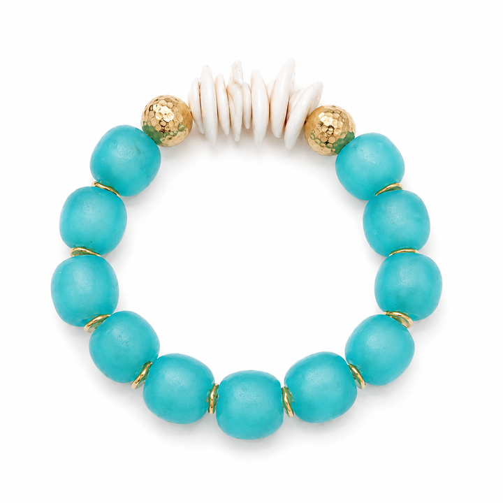 Natural Shell & Recycled Glass Bead Stretch Bracelet-  Blue: 7”
