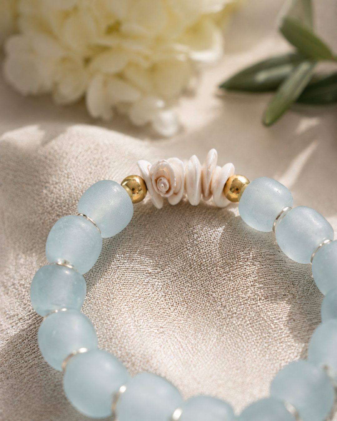 Natural Shell & Recycled Glass Bead Stretch Bracelet Blue: 7”