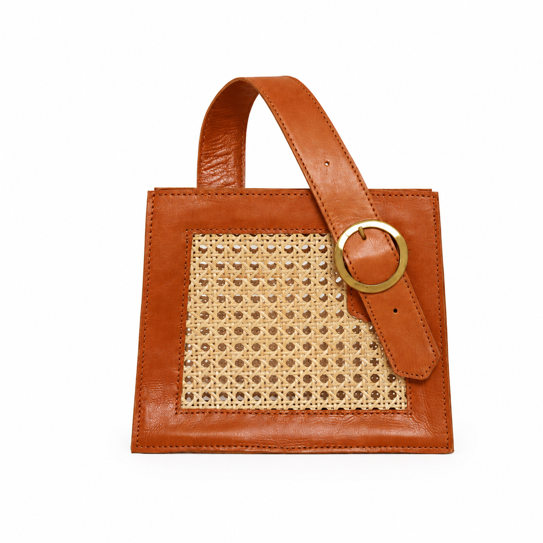 Brown Cane Handbag with Buckle