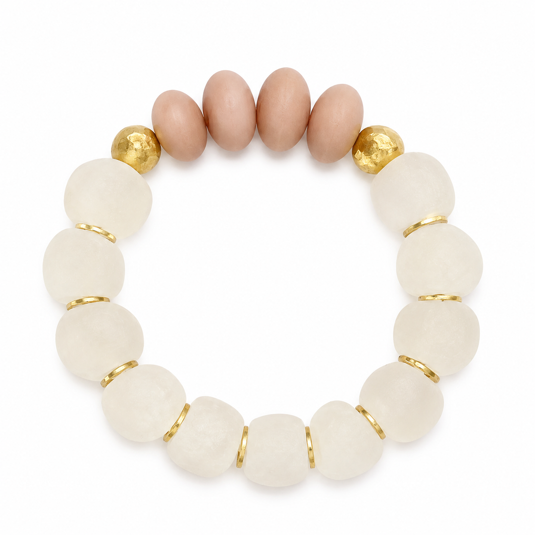 Acrylic Resin & Recycled Glass Bead Stretch Bracelet- Taupe: 7”