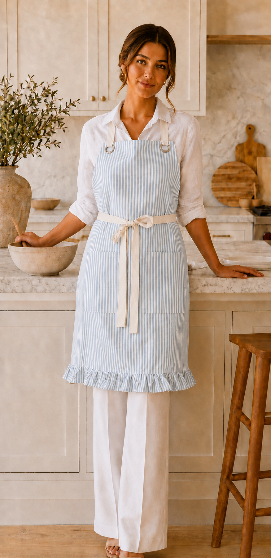 Blue Pinstripe Ruffle Cotton Apron with Pocket