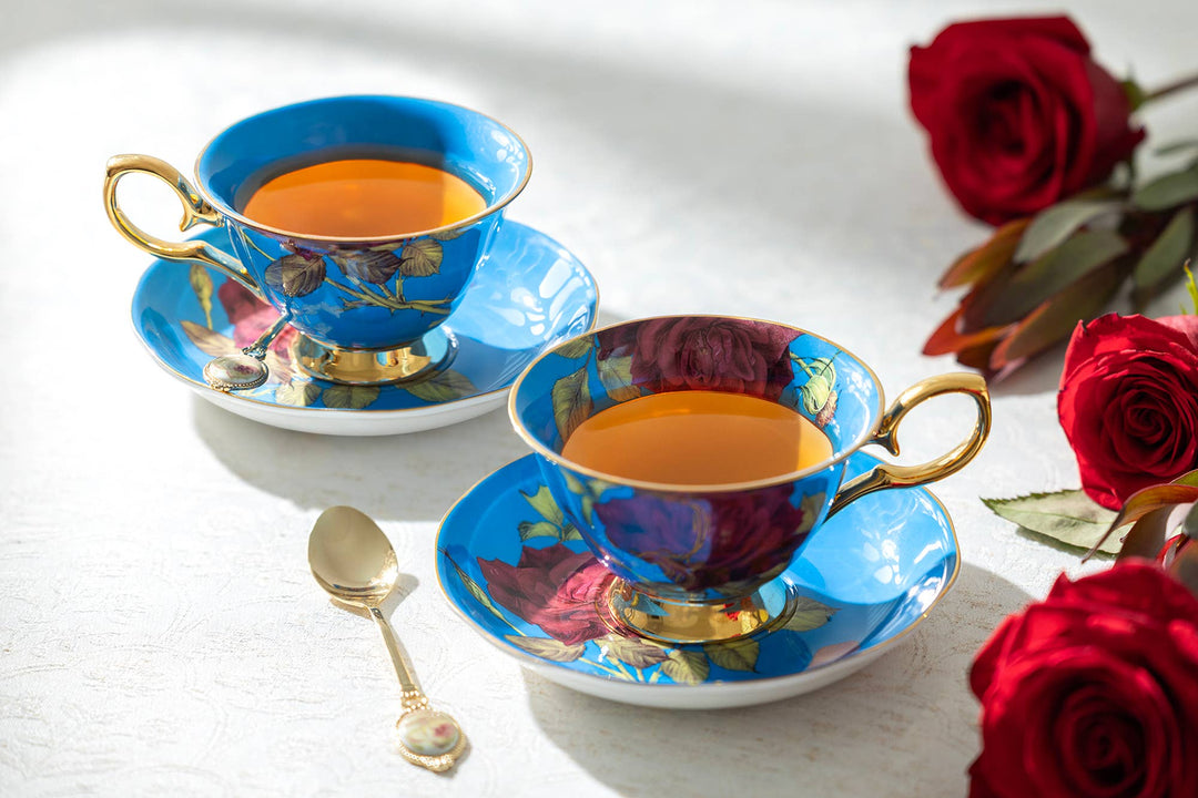 Gold & Blue Stem Rose Bone China Tea Cup and Saucer