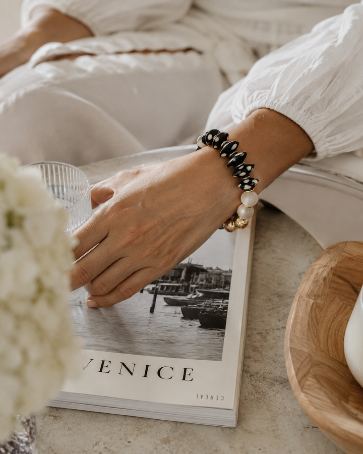 Recycled Glass & Black Polka Dot Bone Bead Stretch Bracelet: 7”