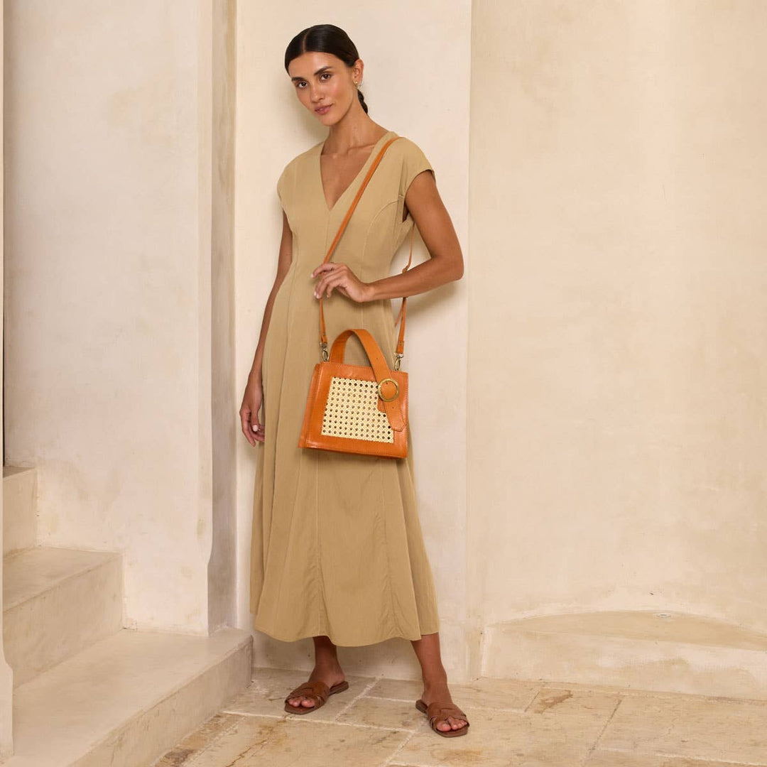 Brown Cane Handbag with Buckle