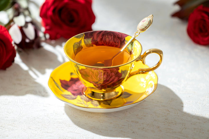 Gold & Yellow Stem Rose Bone China Tea Cup and Saucer