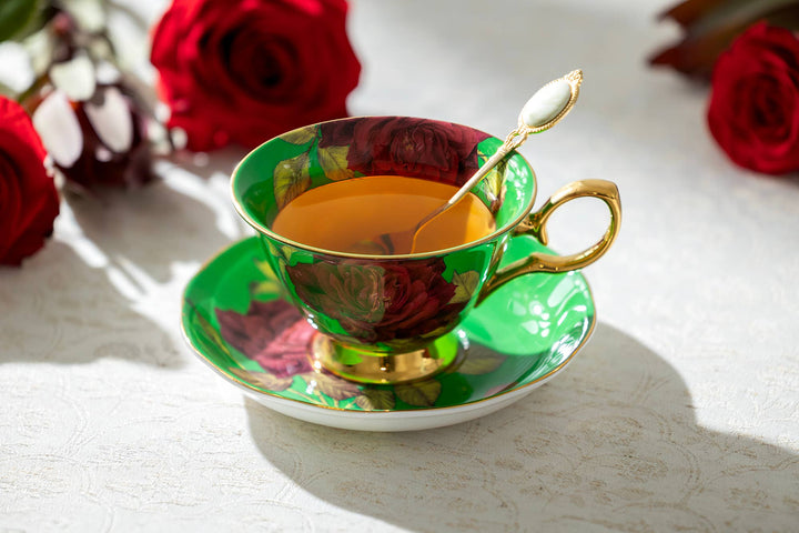 Gold & Green Stem Rose Bone China Tea Cup and Saucer