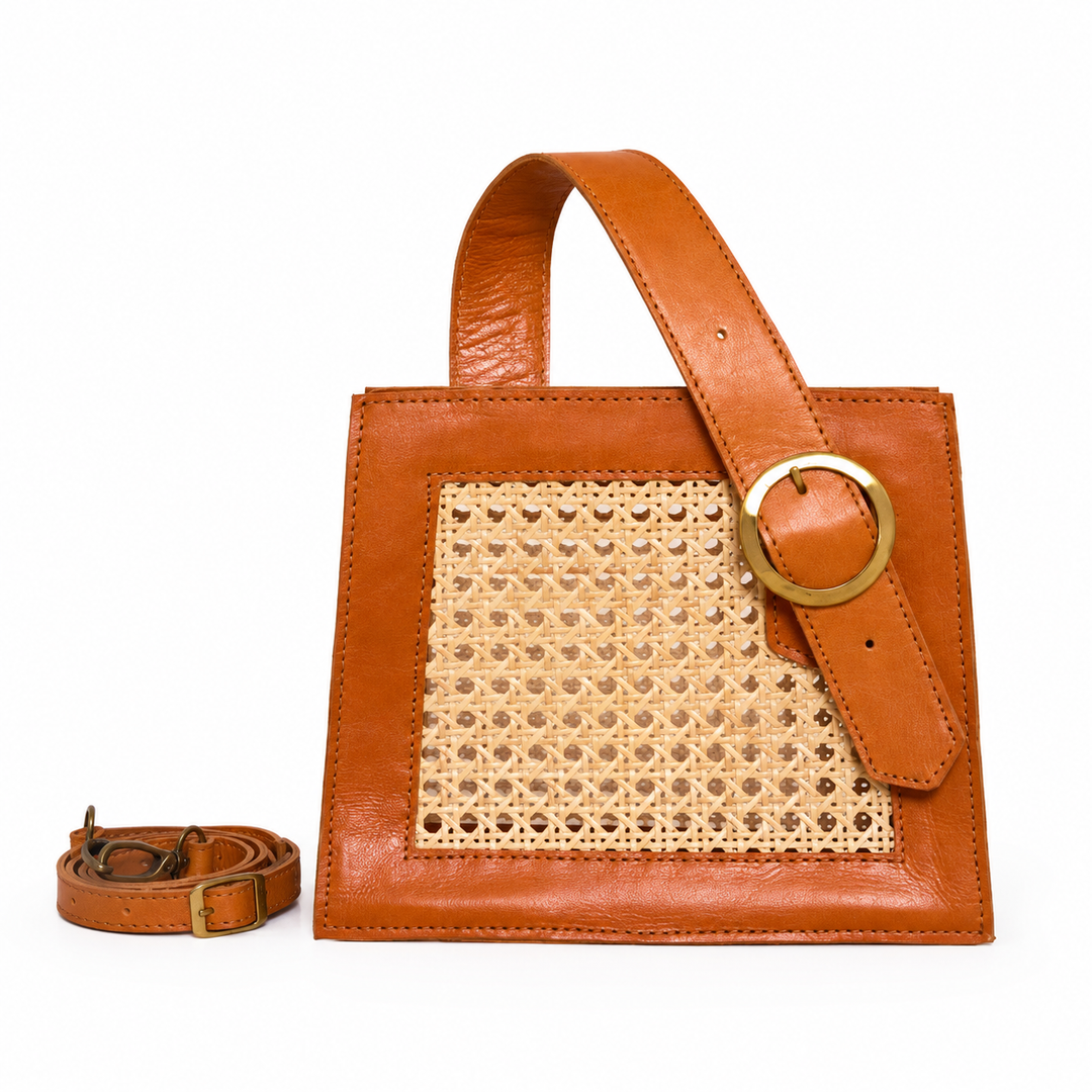 Brown Cane Handbag with Buckle