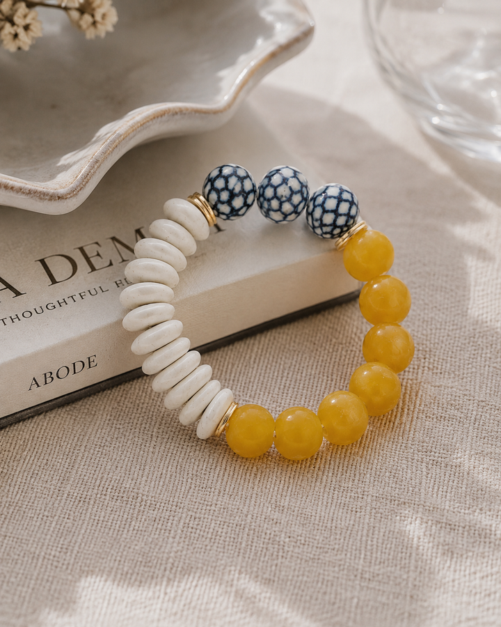 Recycled Glass Ceramic Chinoiserie Stretch Bracelet- Yellow: 7”