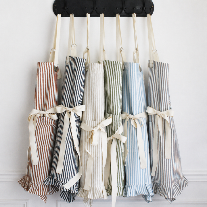 Tan Pinstripe Ruffle Cotton Apron with Pocket