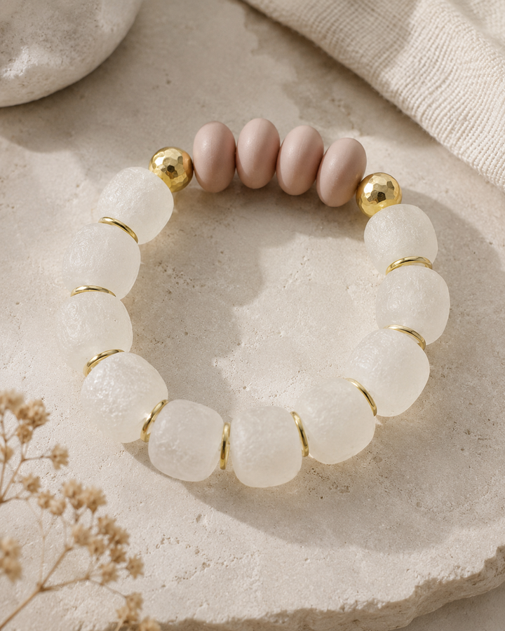 Acrylic Resin & Recycled Glass Bead Stretch Bracelet- Taupe: 7”