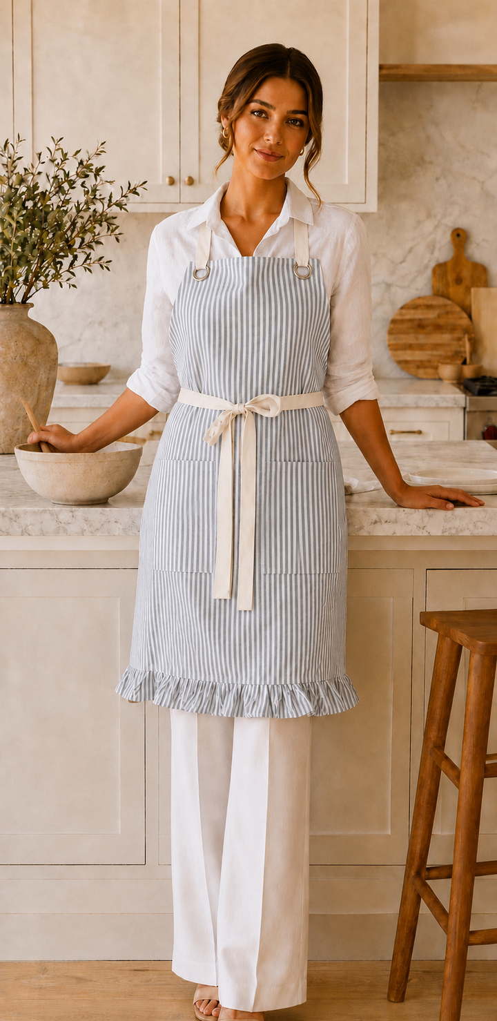 Gray Pinstripe Ruffle Cotton Apron with Pocket