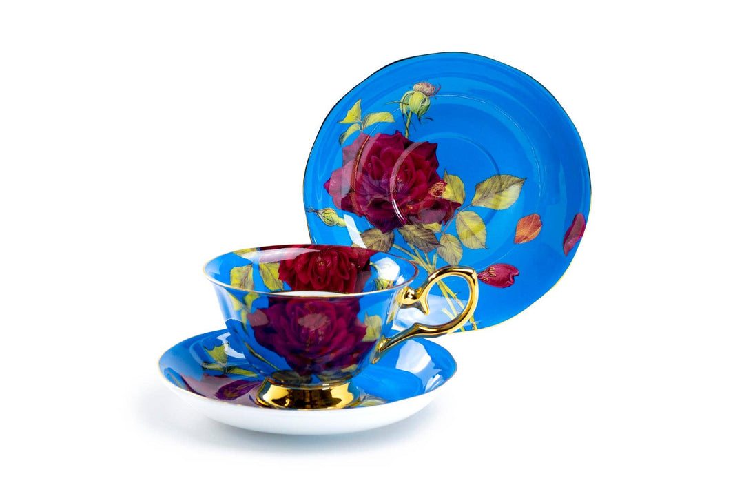 Gold & Blue Stem Rose Bone China Tea Cup and Saucer