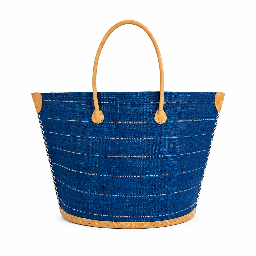 Blue Santa Cruz Pinstriped Straw Tote Bag