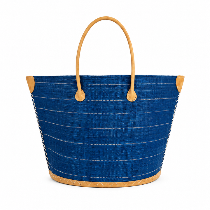 Blue Santa Cruz Pinstriped Straw Tote Bag
