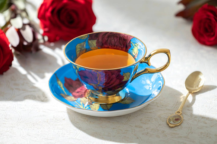Gold & Blue Stem Rose Bone China Tea Cup and Saucer