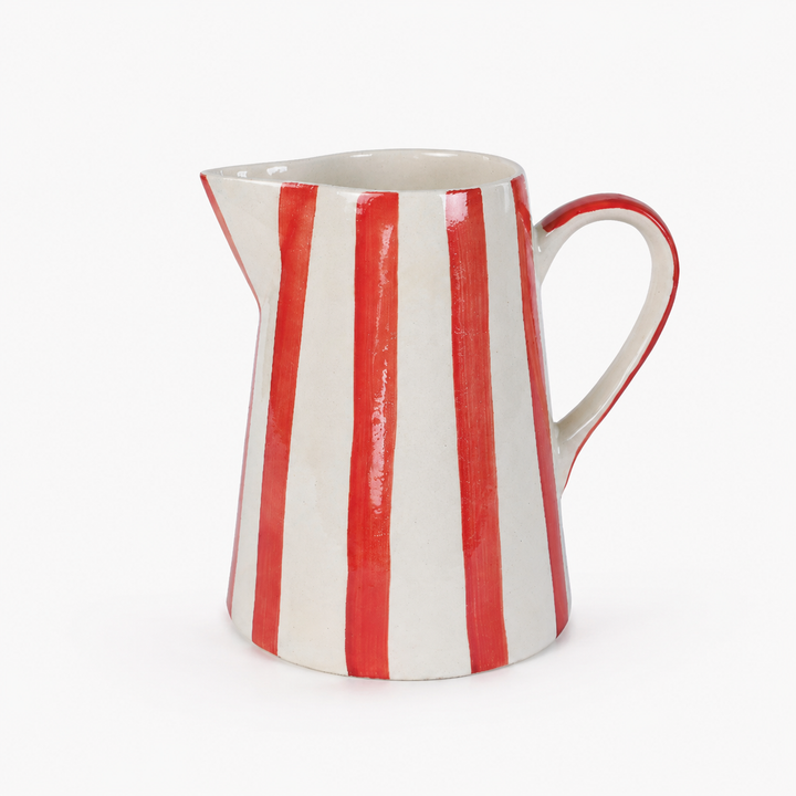 Hand-painted Ceramic Stripe Pitcher: Red/White