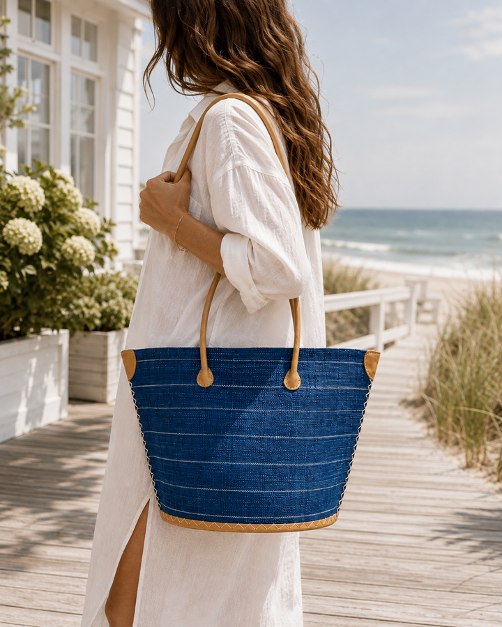 Blue Santa Cruz Pinstriped Straw Tote Bag