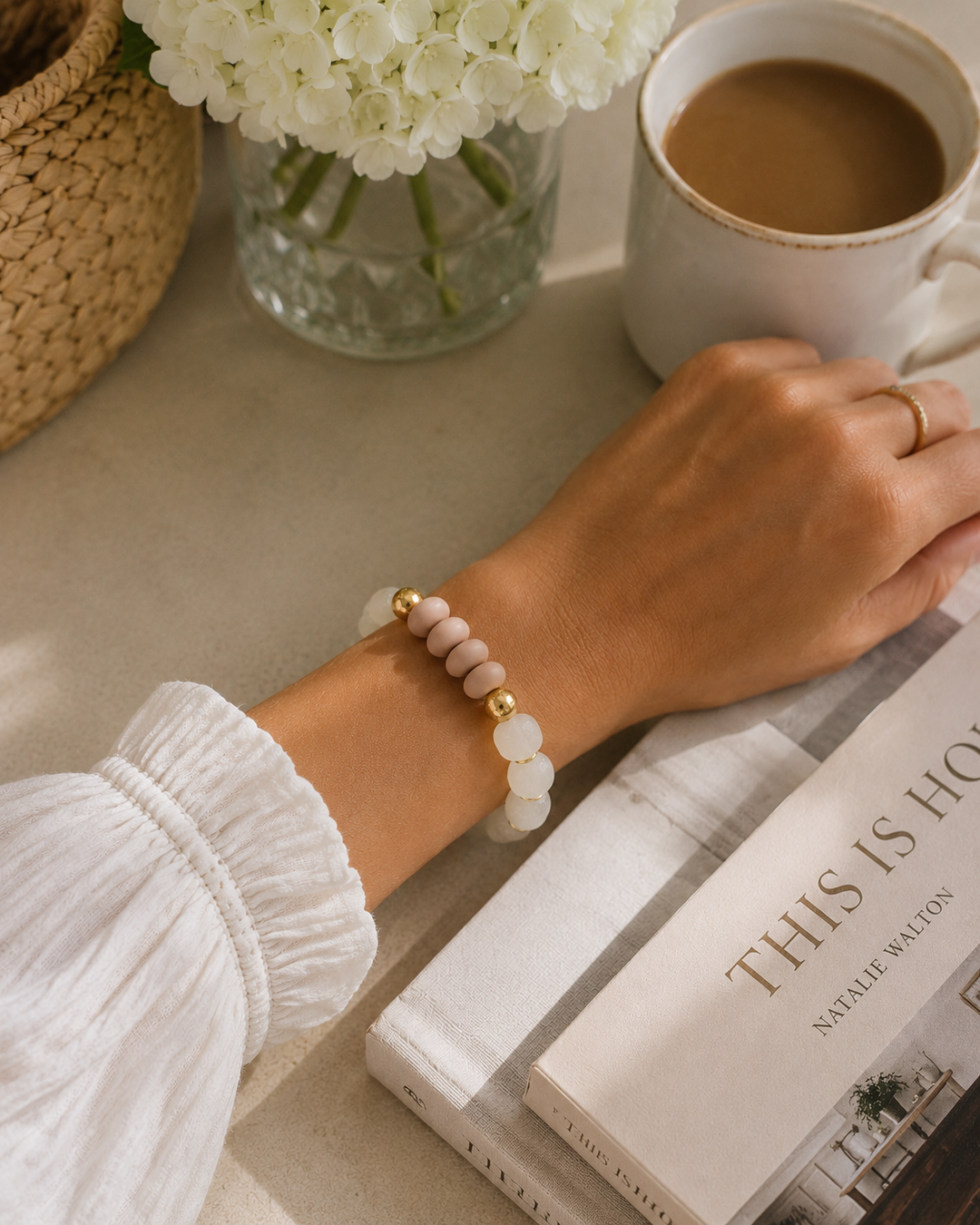 Acrylic Resin & Recycled Glass Bead Stretch Bracelet- Taupe: 7”
