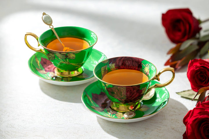 Gold & Green Stem Rose Bone China Tea Cup and Saucer