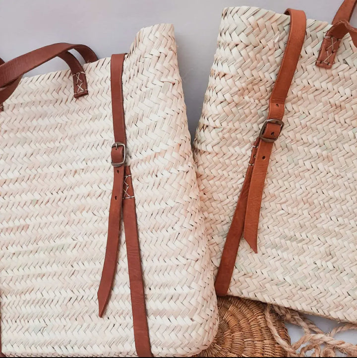 Farmers Market/Beach Straw Backpack with Brown Leather Straps