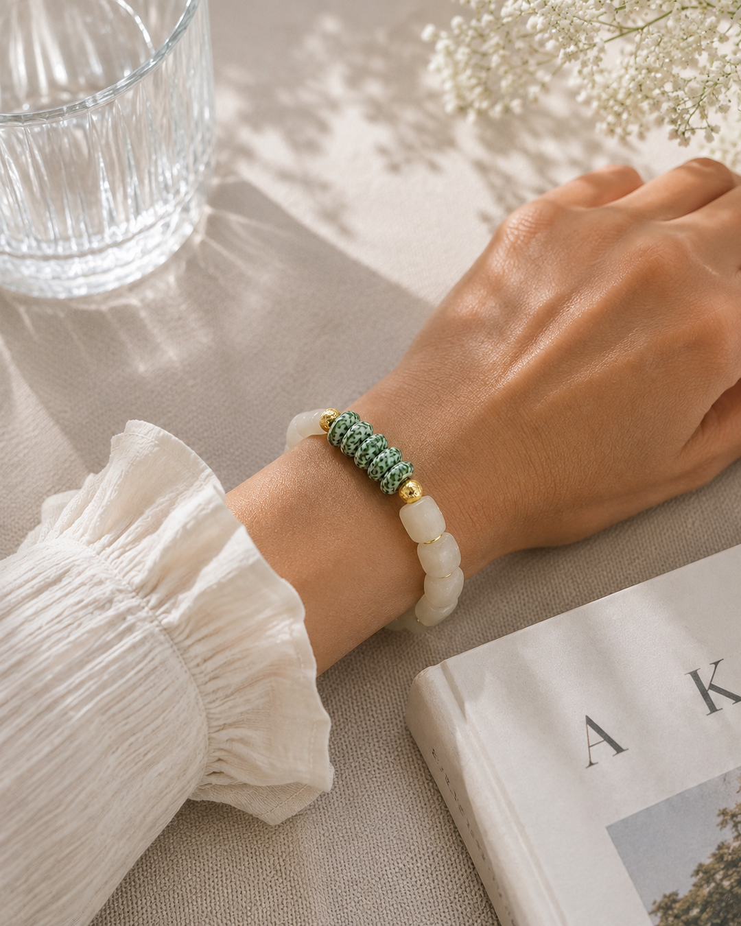 Recycled Glass Bead Stretch Bracelet Green Speckled Stacking: 6.5”