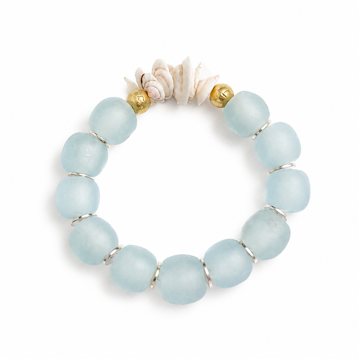 Natural Shell & Recycled Glass Bead Stretch Bracelet Blue: 7”
