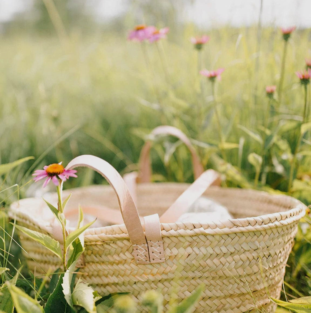 Farmers Market Straw Bag w/ Double Light Natural Leather Handles