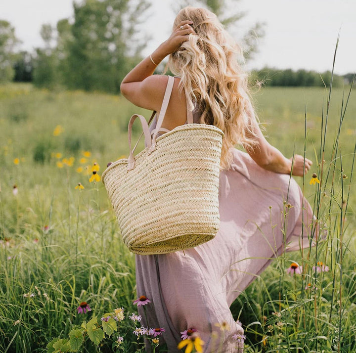 Farmers Market Straw Bag w/ Double Light Natural Leather Handles