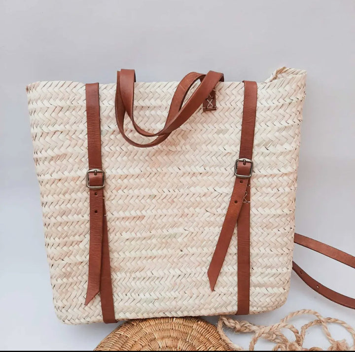 Farmers Market/Beach Straw Backpack with Brown Leather Straps