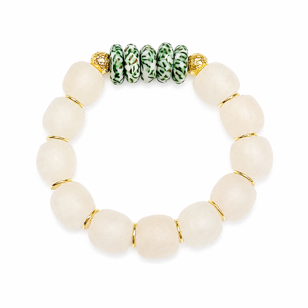 Recycled Glass Bead Stretch Bracelet Green Speckled Stacking: 6.5”