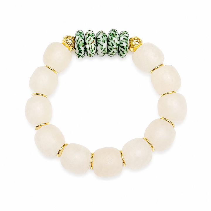 Recycled Glass Bead Stretch Bracelet Green Speckled Stacking: 6.5”