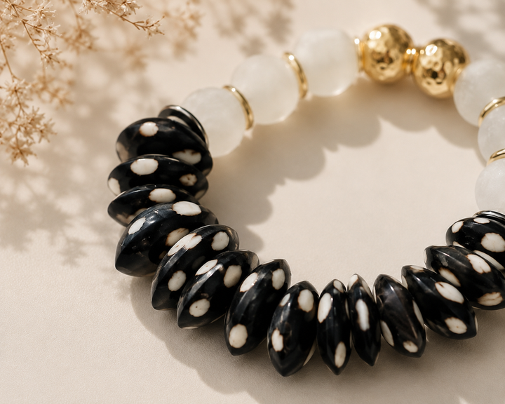 Recycled Glass & Black Polka Dot Bone Bead Stretch Bracelet: 7”