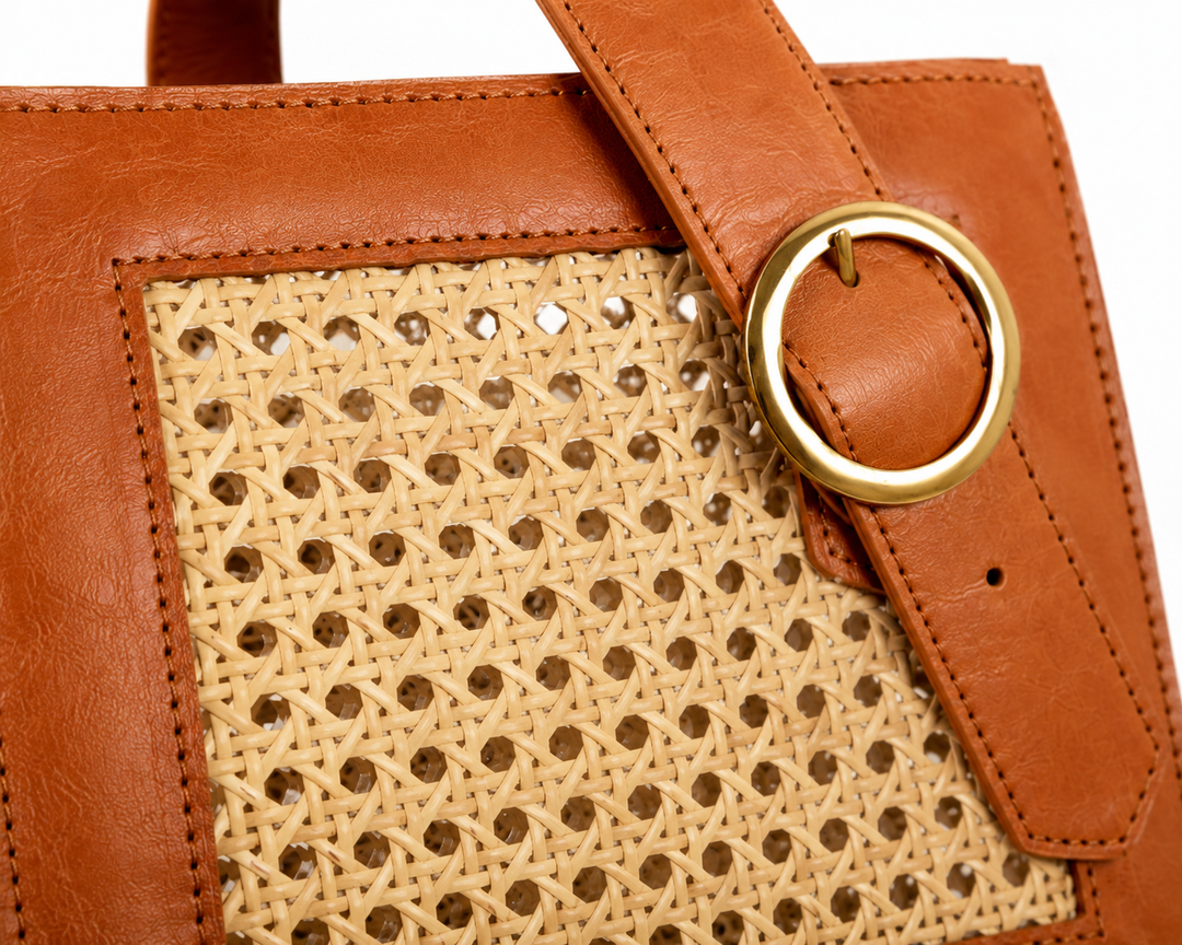 Brown Cane Handbag with Buckle