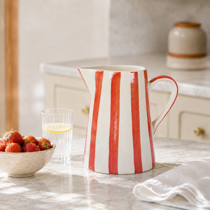 Hand-painted Ceramic Stripe Pitcher: Red/White