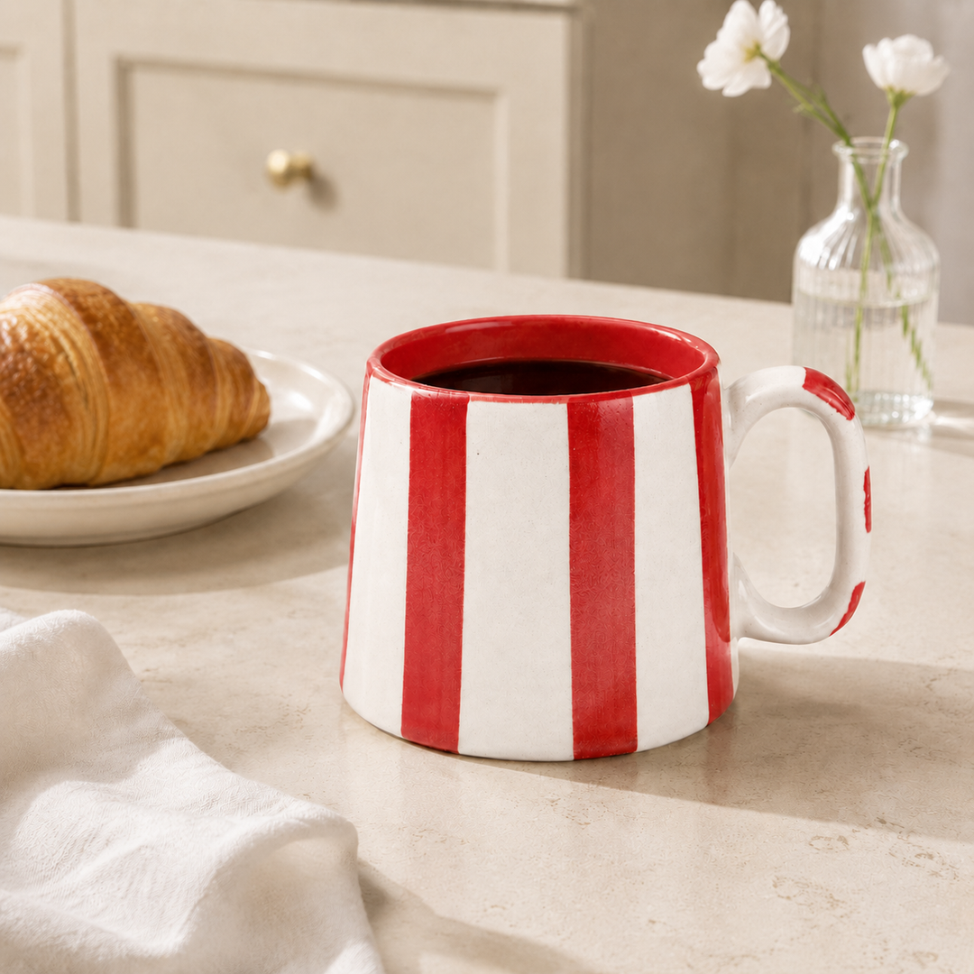 Hand-Painted Ceramic Red/White Stripe Coffee Cup: 1 cup