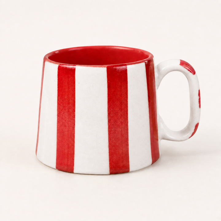 Hand-Painted Ceramic Red/White Stripe Coffee Cup: 1 cup