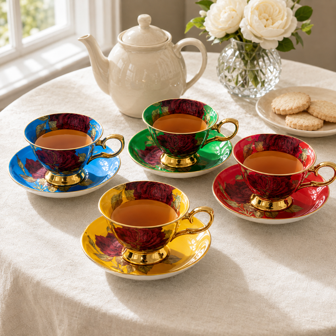 Gold & Green Stem Rose Bone China Tea Cup and Saucer