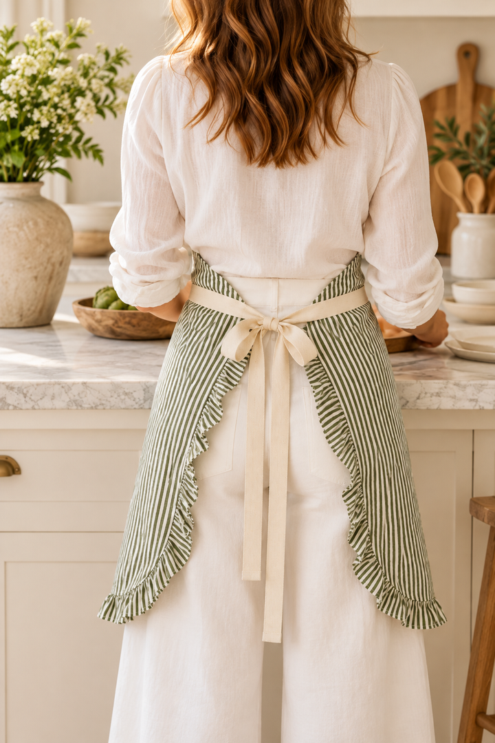Ruffle Pin Stripe Apron: Green