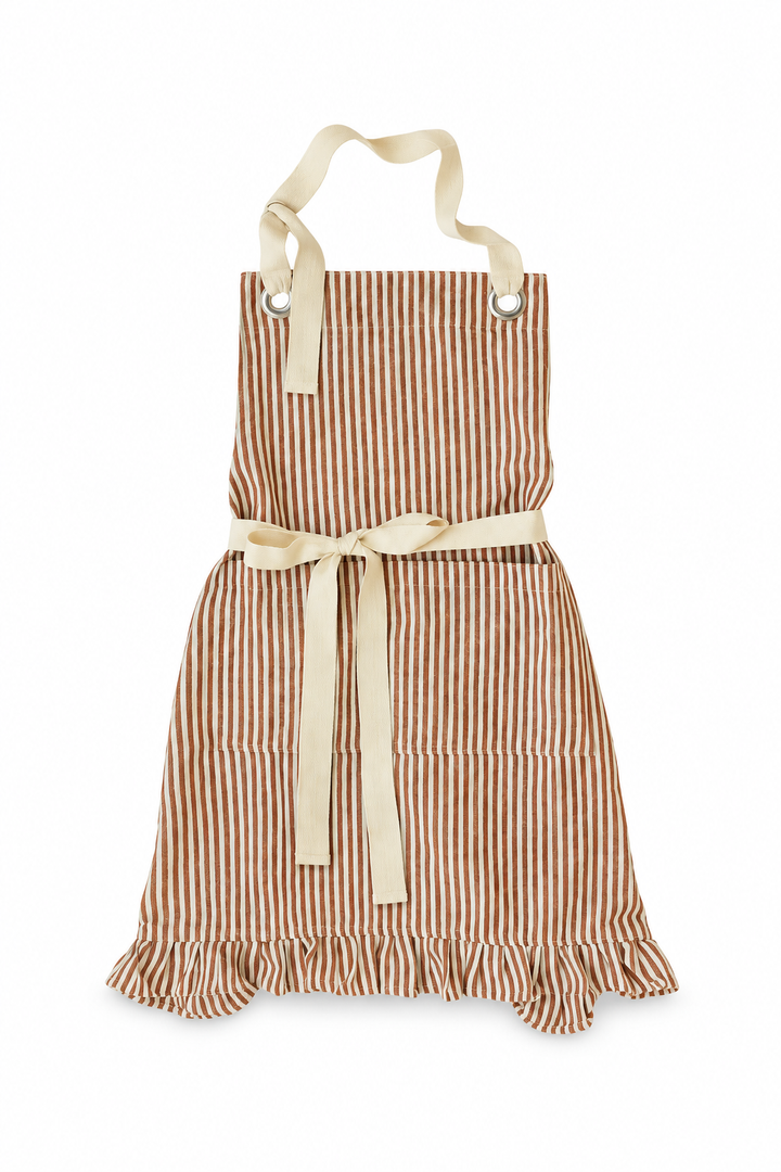 Ruffle Pin Stripe Apron: Rust