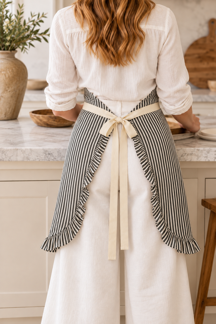 Ruffle Pin Stripe Apron: Black