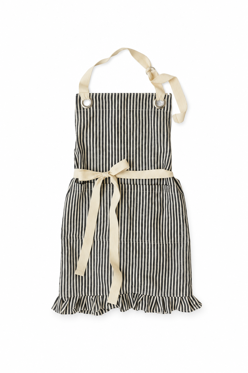 Ruffle Pin Stripe Apron: Black
